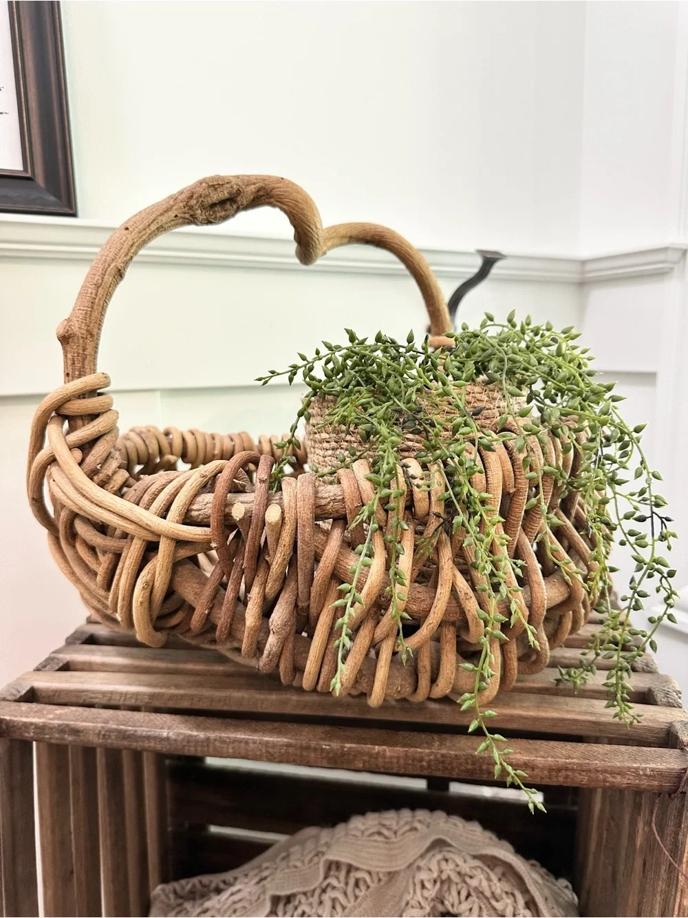 Primitive Natural Woven Thick Vine Basket with Handle - Tan Asymmetrical Gather